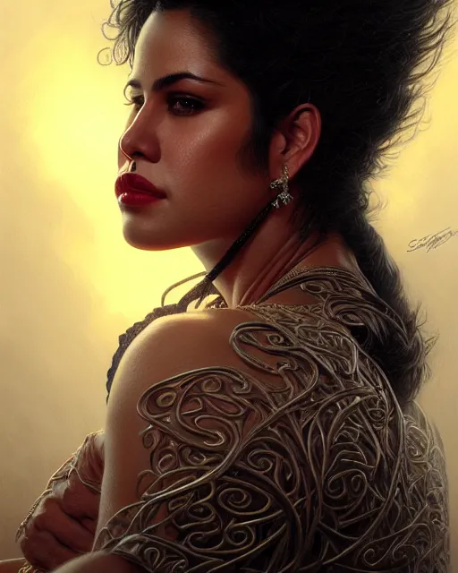 Image similar to selena quintanilla perez,, portrait, close up, concept art, intricate details, highly detailed by greg rutkowski, michael whelan and gustave dore