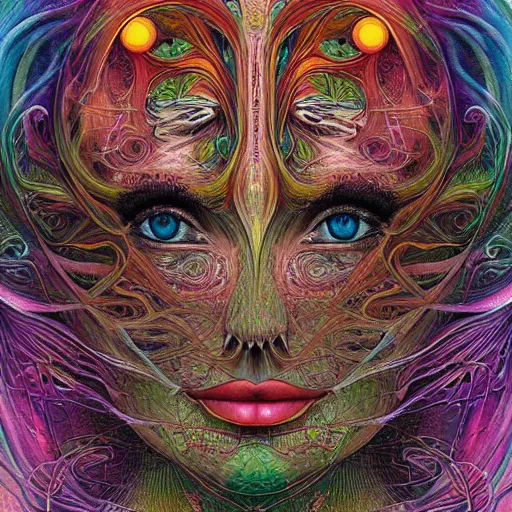 Image similar to a digital painting of a woman's face, digital art by android jones and amanda sage, behance contest winner, psychedelic art, biomorphic, rendering in intricate poster art, tarot card lovecraftian, outlined art amanda sage, alex grey, james jean. most - amanda sage and andriod jones