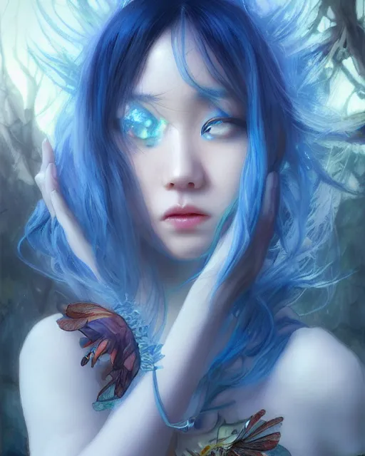 Image similar to stunningly beautiful female blue hair, cute korean actress, dj sura, fantasy art, fae priestess, lush dark forest landscape, fireflys at night, sharp focus, digital painting, 8 k, concept art, art by wlop, artgerm, greg rutkowski and alphonse mucha