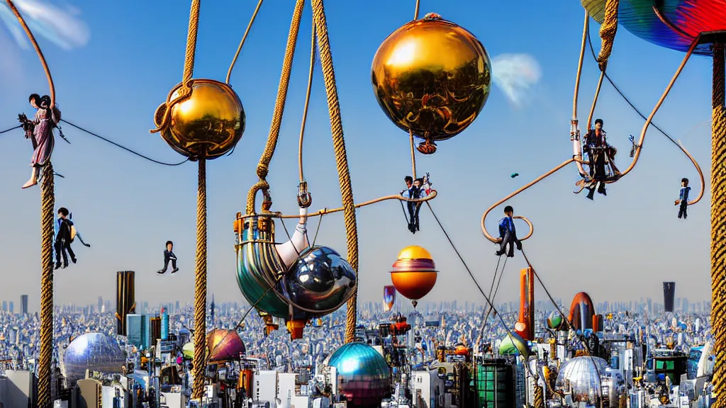 Prompt: large colorful futuristic space age metallic steampunk steam - powered balloons with pipework and electrical wiring around the outside, and people on rope swings underneath, flying high over the beautiful tokyo city landscape, professional photography, 8 0 mm telephoto lens, realistic, detailed, photorealistic, photojournalism