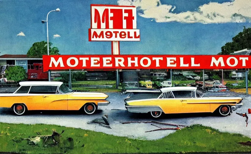 Prompt: 1 9 6 0 s americana painting of a motel and motel sign with a car parked outside by norman rockwell, relaxed mood