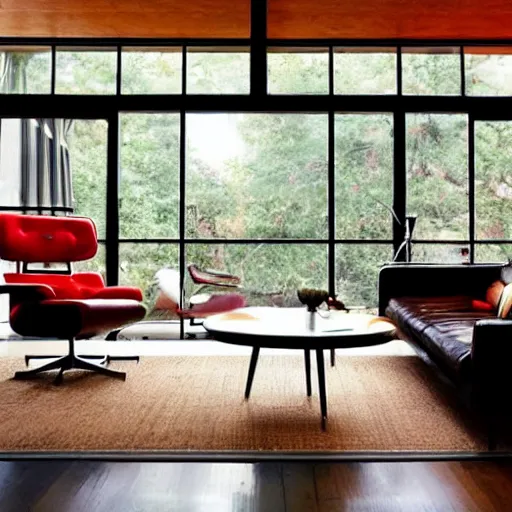 Prompt: the interior of a mid century modern living room with an eames chair