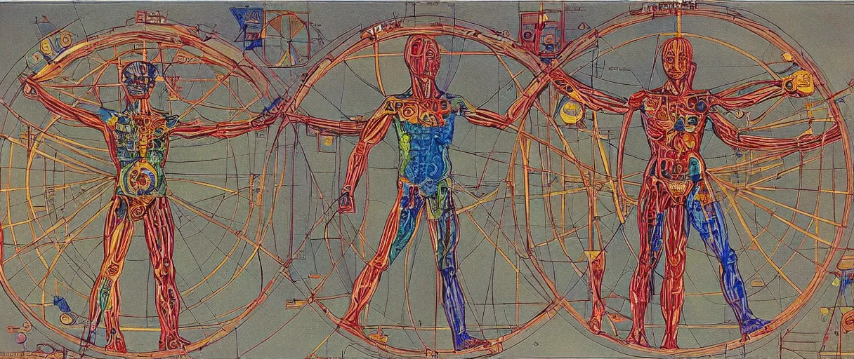 Image similar to a brilliantly colored painting of an exploded diagram of a detailed engineering schematic of a robot in the pose vitruvian man in the style of jean giraud