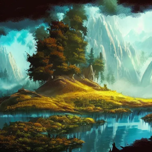 Image similar to bob ross comic book scene of an epic adventure through time, cinematic, realistic, beautiful scenery, matte painting, highly detailed, octane render, unreal engine, volumetric lighting