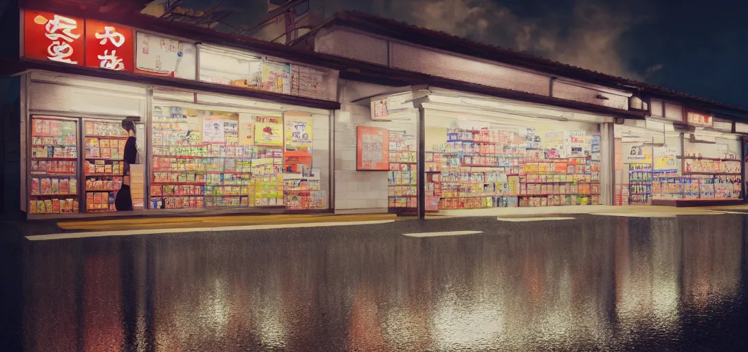 Image similar to photo of a japanese convenience store at night in the rain on side of highway, rendered in octane, highly detailed, award winning