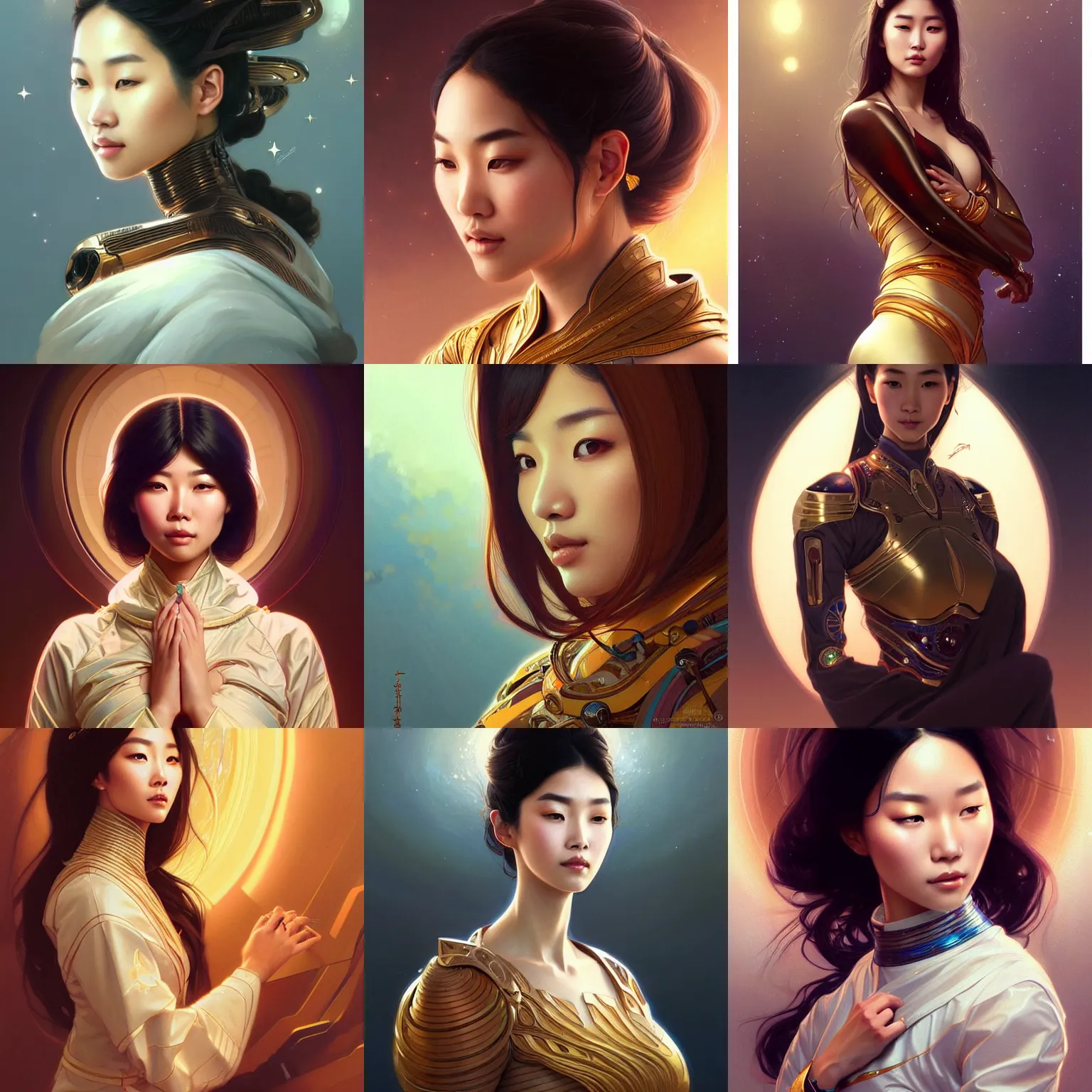 Prompt: Portrait of very very very very very very beautiful Asian woman, spacesuit, brown eyes, intricate, elegant, highly detailed, digital painting, artstation, concept art, smooth, sharp focus, illustration, art by artgerm and greg rutkowski and alphonse mucha