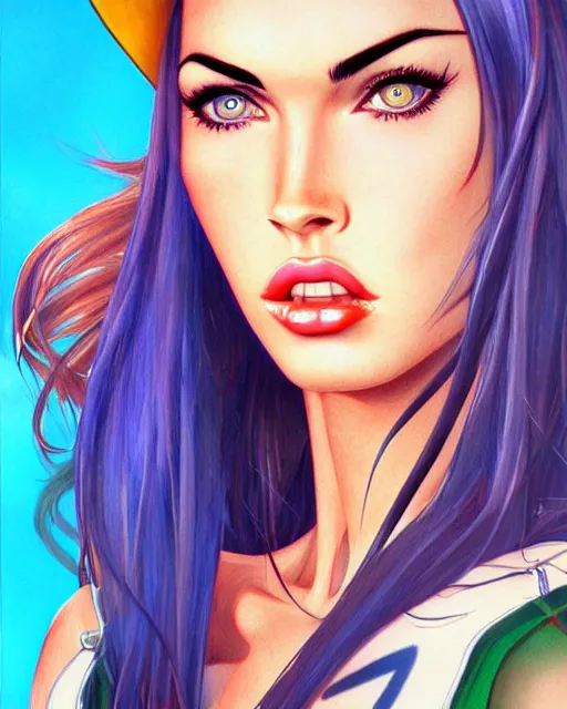 Image similar to portrait of megan fox, beautiful, elegant colorful, inspired by steel ball run manga, artstation trending, deviantart, highly detailed, focus, smooth, illustrated by hirohiko araki