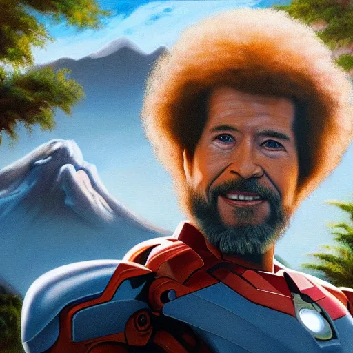 Image similar to a closeup photorealistic photograph of bob ross painting an image of iron man on a large canvas. mountains and trees. film still. brightly lit scene. this 4 k hd image is trending on artstation, featured on behance, well - rendered, extra crisp, features intricate detail, epic composition and the style of unreal engine.