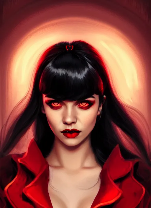 Image similar to portrait of vampire veronica lodge with bangs, vampire fangs, vampire, long hair, red clothes, bangs, vampironica, intricate, elegant, glowing lights, highly detailed, digital painting, artstation, concept art, smooth, sharp focus, illustration, art by wlop, mars ravelo and greg rutkowski