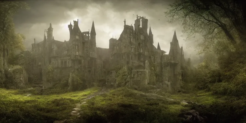 Image similar to matte painting, castle, dramatic landscape, overgrown, cinematic, overcast, interior light, rain, slight fog, mystical