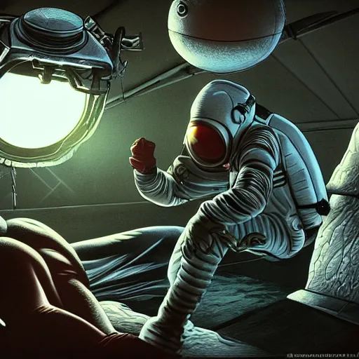 Image similar to surviving injured crashed spaceman, waking up, being cared for by primitive extraterrestrials, cinematic, worm's eye view, dramatic lighting, illustration, ron cobb, mike mignogna, science fiction