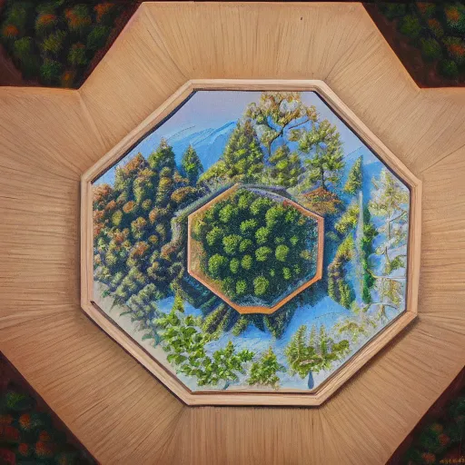 Prompt: a beautiful painting of a forest top down view on a hexagon chit