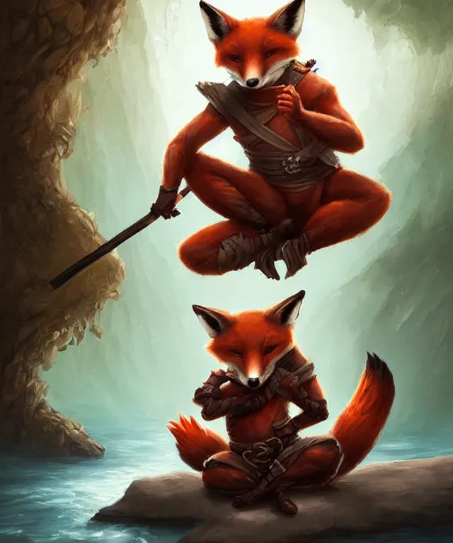 Image similar to a portrait of an anthropomorphic ninja fox praying, ninja outfit, sitting by a river, cute and adorable, dnd character art portrait, well rendered matte fantasy painting, deviantart artstation, by jason felix by steve argyle by tyler jacobson by peter mohrbacher, cinematic lighting