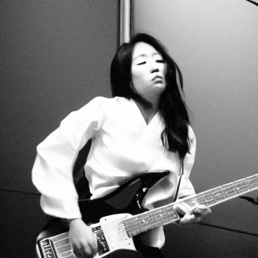 Prompt: a black and white photograph of a female japanese artist playing an electric guitar