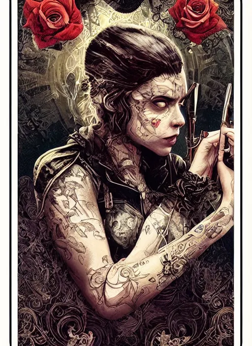 Image similar to tarot card :: horror :: vampires and draculas :: hearts and roses :: gold and silver :: guns and swords :: side profile :: highly details :: intricate details :: Sandra Chevrier and bastien lecouffe deharme