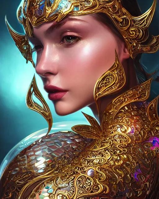 Prompt: a beautiful woman wearing shiny plastic armor inside an ornate bottle of iridescent liquid, alchemy, intricate, bloom, detailed, volumetric lighting, sharp focus, photorealism, digital painting, highly detailed, concept art, by by artgerm and wlop