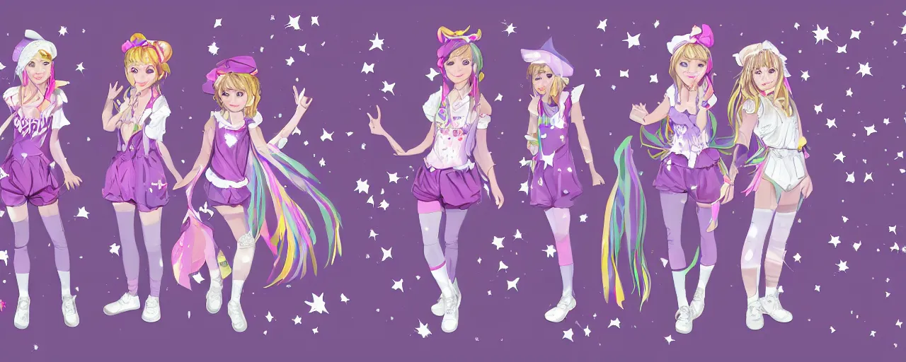 Prompt: A character sheet of full body cute magical girls who look like Emma Watson with short blond hair wearing an oversized purple Beret, Purple overall shorts, Short Puffy pants made of silk, pointy jester shoes, a big billowy scarf, and white leggings. Rainbow accessories all over. Flowing fabric. Covered in stars. Short Hair. Art by Johannes Helgeson and william-adolphe bouguereau and Paul Delaroche and Alexandre Cabanel and Lawrence Alma-Tadema and WLOP and Artgerm and Shoichi Aoki. Fashion Photography. Decora Fashion. harajuku street fashion. Kawaii Design. Intricate, elegant, Highly Detailed. Smooth, Sharp Focus, Illustration Photo real. realistic. Hyper Realistic. Sunlit. Moonlight. Dreamlike. Fantasy Concept Art. Surrounded by clouds. 4K. UHD. Denoise.