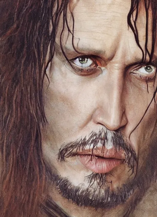 Prompt: johnny depp as aragorn, character painting by alan lee and john howe, at sunset, concept art, matte painting