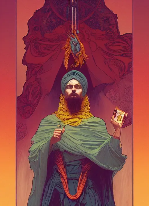 Prompt: a post - minimalism tarot card the hierophant vibrant color scheme, highly detailed, in the style of romanticism, cinematic, artstation, moebius, alfons mucha, greg rutkowski