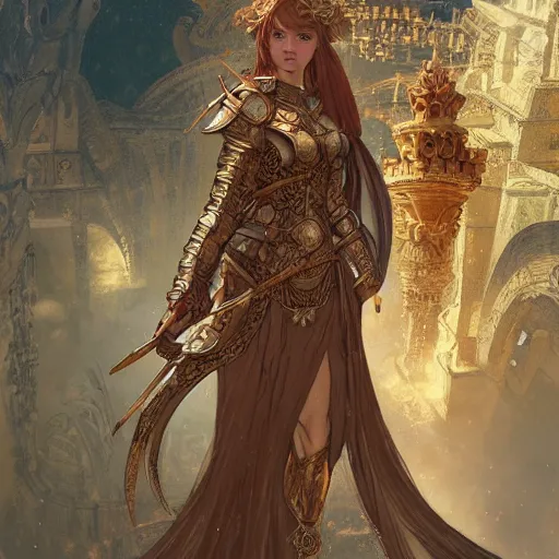 Image similar to portrait knights of Zodiac girl, golden and copper armor, in ruined Agora of Athens, ssci-fi, fantasy, intricate, very very beautiful, elegant, highly detailed, digital painting, artstation, concept art, smooth, sharp focus, illustration, art by alphonse mucha and tian zi and WLOP