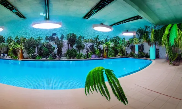 Prompt: indoor pool with ferns and palm trees, pool tubes, chromatic abberation, dramatic lighting, depth of field, Wideangle 80s fisheye photo