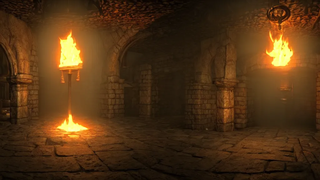 Prompt: delicious torch lit prison dungeon jail cell atmospheric unreal engine hyperreallistic render 8k character concept art masterpiece screenshot from the video game the Elder Scrolls V: Skyrim moody flame orange 2700K global illumination