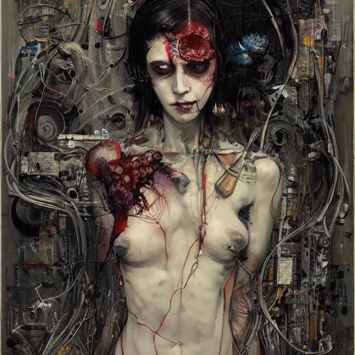 Image similar to rona mitra as a cyberpunk noir detective, skulls, wires cybernetic implants, machine noir grimcore, in the style of adrian ghenie esao andrews jenny saville surrealism dark art by james jean takato yamamoto and by ashley wood