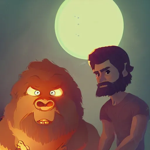 Image similar to a caveman using an iphone while a wooley mammoth and sabertooth tiger look over his shoulder at the glowing screen, ambient lighting, 4k, lois van baarle, ilya kuvshinov, rossdraws, artstation