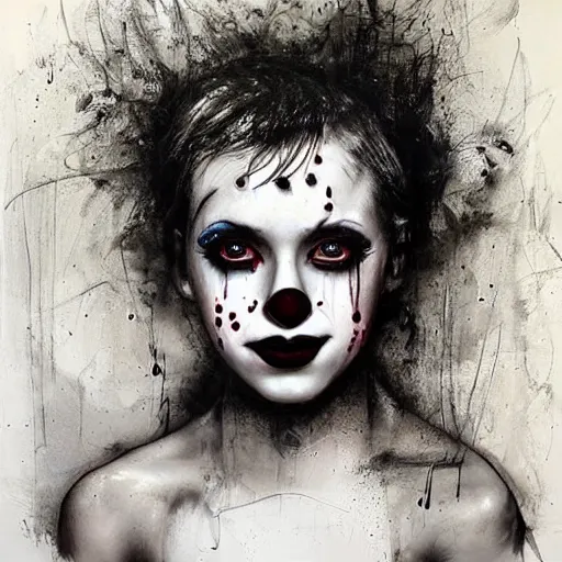 Prompt: Portrait of a young female Clown that has an expression of joy with black tears on his face by Guy Denning by Artgerm