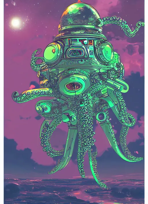 Image similar to robotic cyborg octopus in the space rocket 4 k, vaporwave style, green helmet, super detailed photorealistic, art by akihiko yoshida