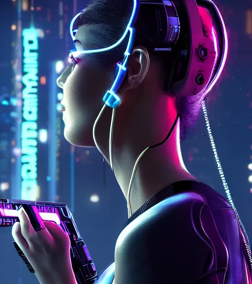 Image similar to cable plugged into cyberdeck, back of head, cyberpunk woman, computer, 1 9 7 9 omni magazine cover, style by vincent di fate, cyberpunk 2 0 7 7, 4 k resolution, unreal engine, daz