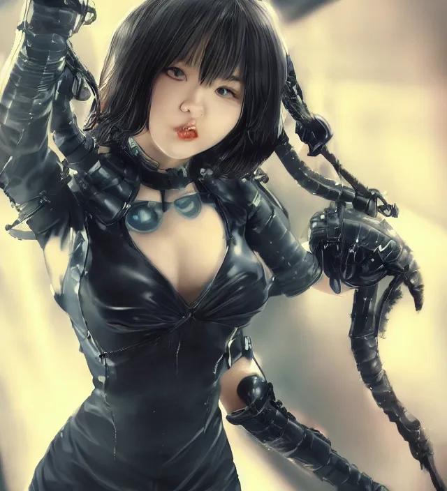 Prompt: hd photo poster portrait of a cute young cosplay girl complicated synaptic particles wires in miura kentaro gantz frank miller jim lee style detailed cinematic depth of field trending award winning on flickr artstation