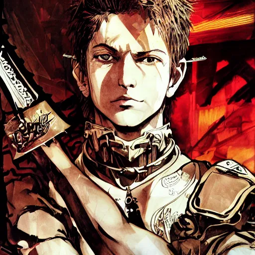 Image similar to portrait of a young white hero using his right arm to hold his sword covering his eye illustrated by yoji shinkawa, high quality, extra details, realism, ornate, colored, golden chain, blood, white skin, short hair, brown eyes, vivid, sunlight, red headband, black eyepatch, white american soldier, painting, cybernetics, military