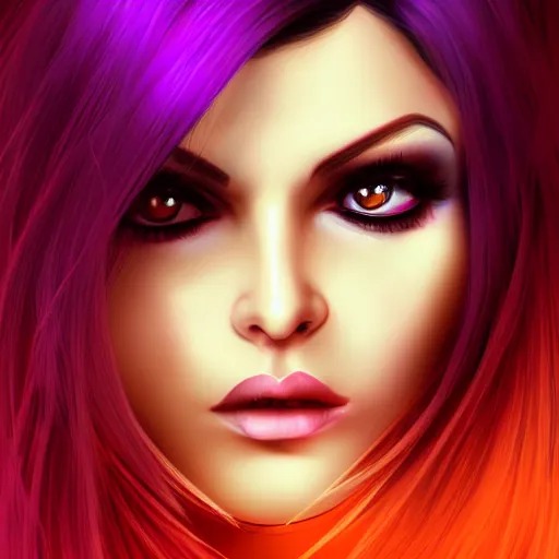 Image similar to portait of haifa wehbe, sadness look, long purple hair centred, hd, digital painting, unreal engine, final fantasy style, very beautifull face, amazing red orange background theme