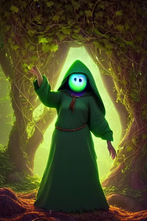 Image similar to A full body portrait of a cute shaman with no face, glowing eyes and a very long hooded dark green cloak of leaves and vines in the style of Pixar's Up 2009, stylized, Octane Render 4k