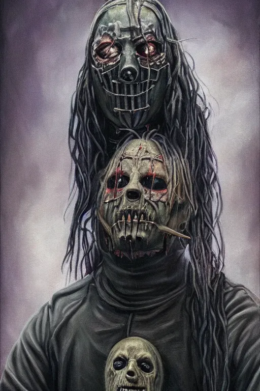 Image similar to a full body high detail fantasy portrait oil painting illustration of slipknot band by justin sweet with face and body clearly visible, in a scenic background, insane, realistic proportions, d & d, rpg, forgotten realms, artstation trending, high quality, sombre mood, artstation trending, muted colours, entire person visible!