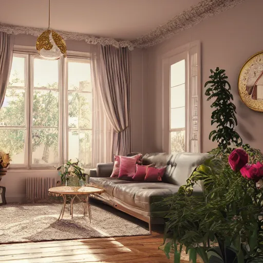 Image similar to beautiful rendering of an interior scene, english retro living room with sunlight coming from the window, plants and roses as accents, gold glittering ornaments, trending on behance, by raphael lacoste and craig mullins, rule of thirds, 8 k resolution, unreal engine, rendered in maya, detailed, wide - angle lens, two - point perspective, light effect, overall color balance