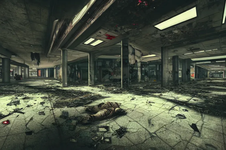 Image similar to low wide angle photo of a abandoned cyberpunk shopping mall with dead human bodies on the floor, a crew of high tech soliders are running out, cinematic lightning, ray tracing, unreal engine, photorealistic, detailed, dark, moody, foggy, scary