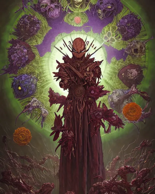 Image similar to the platonic ideal of flowers, rotting, insects and praying of cletus kasady carnage thanos davinci nazgul wild hunt chtulu mandala ponyo heavy rain bioshock, d & d, fantasy, ego death, decay, dmt, psilocybin, concept art by randy vargas and greg rutkowski and ruan jia and alphonse mucha