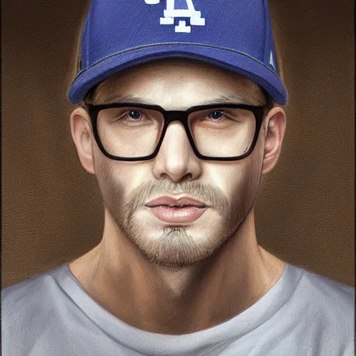 Prompt: portrait painting of blonde, fair skin, man in a dodgers hat wearing glasses, unshaven, round face, strong, ultra realistic, concept art, intricate details, serious, highly detailed, photorealistic, octane render, 8 k, unreal engine. art by artgerm and greg rutkowski and alphonse mucha