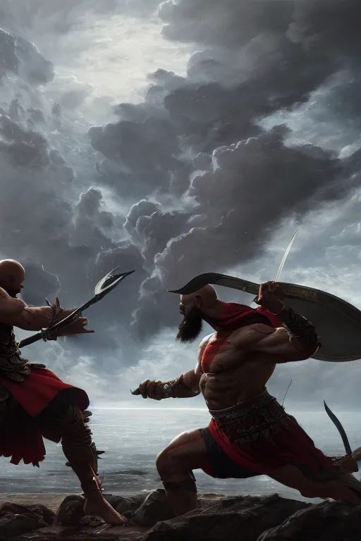Prompt: kratos fighting zeus in the olympus, highly detailed, digital painting, artstation, cinematic, illustration, unreal engine 5, 8 k, art by greg rutkowski and edgar maxence