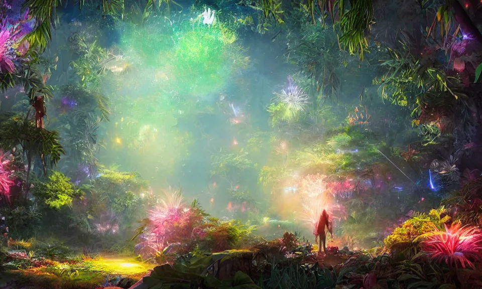 Image similar to a watercolor painting of a glowing sparkling gigantic portal in a mysterious jungle, fantasy, flowery, particles, fireflies, octane render, unreal engine, artstation, digital art