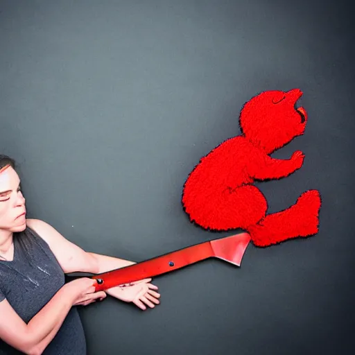 Image similar to elmo holding a bloody knife, standing over a sleeping woman, forced perspective, tv still