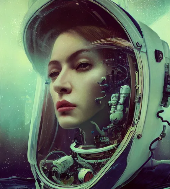 Image similar to hyperrealistic portrait of a woman monster astronaut, sofia coppola, cyberpunk, well lit, intricate abstract. gucci style, intricate artwork, high detail, figurative art, multiple exposure, poster art, 3 d, by stanley kubrick and tooth wu and wlop and beeple, realistic, hyperdetailed, 8 k resolution.