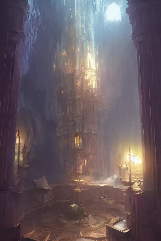 Image similar to a beautiful detailed fantasy magical wizard's tower interior, elegant, volumetric lighting, digital painting by greg rutkowski, craig mullins, syd mead, artgerm, artstation, sharp focus