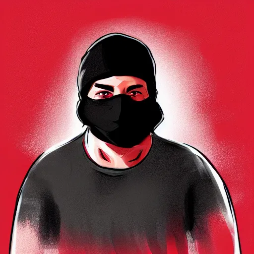 Image similar to sketch of a short stocky buff guy in a plain black t - shirt and cargo shorts, wearing a red ski mask over his entire face, black ski goggles, detailed, dramatic lighting, artstation