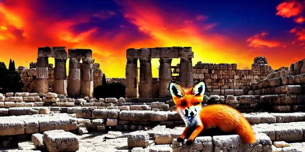 Image similar to A beautiful small fox in the huge ruins of the second temple in Jerusalem :: Dreamy sky :: The third temple hovers quietly in the sky above :: Very colorful painting 8k trending on art station :: Intricate details, very realistic, cinematic lighting, volumetric lighting, photographic blur bokeh defocus dof sky.