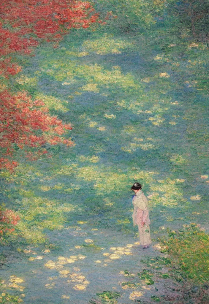 Image similar to tiny character in front of a beautiful japanese inaka landscape, amazing ryokan, lofi vibe, vivide colors, amazing light, really beautiful nature, oil painting, impressionist style, by jeremy lipkin, by claude monet, by ghibli, kandinsky touches, multiple brush strokes, masterpiece