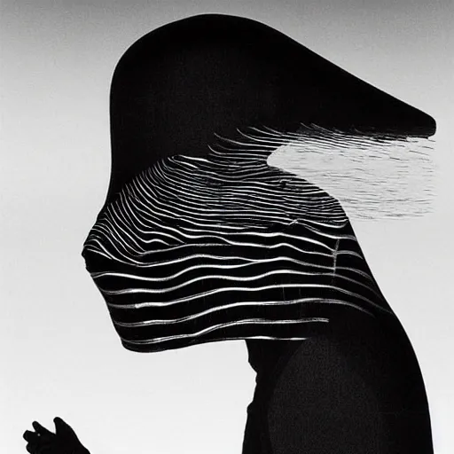 Image similar to A creature 5 meters tall, in a black chiffon layered robe, in a glitch hat Stuck in the textures of the sea, style of Hiroshi Sugimoto::atmospheric illustration