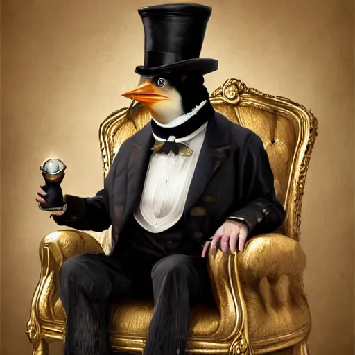 Image similar to oil painting of grumpy rich steampunk penguin sitting on fancy chair, wearing top hat, holding gold, steampunk factory background, sharp focus, fantasy style, octane render, volumetric lighting, 8k high definition, by greg rutkowski, highly detailed, trending on art Station, magic the gathering artwork, centered